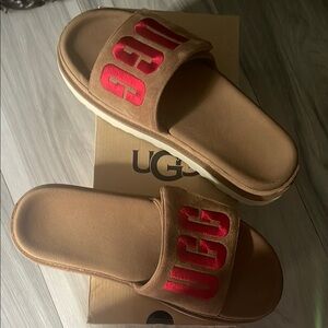 UGG Tan Slides with Vibrant Red Accents